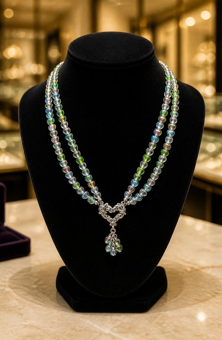 Iridescent Heart Bead Lariat Necklace